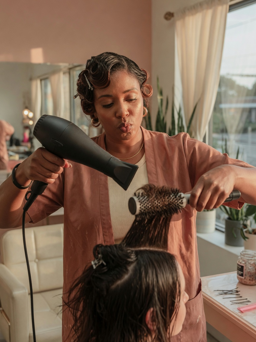 Happy salon client showing off new hairstyle